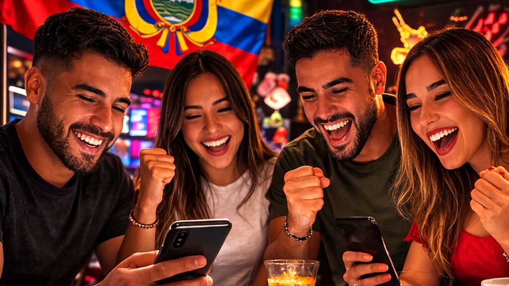 Pin-up casino Ecuador opiniones de jugadores, grupo de usuarios revisando la experiencia de juego en mesa de casino con ambiente nocturno en Ecuador